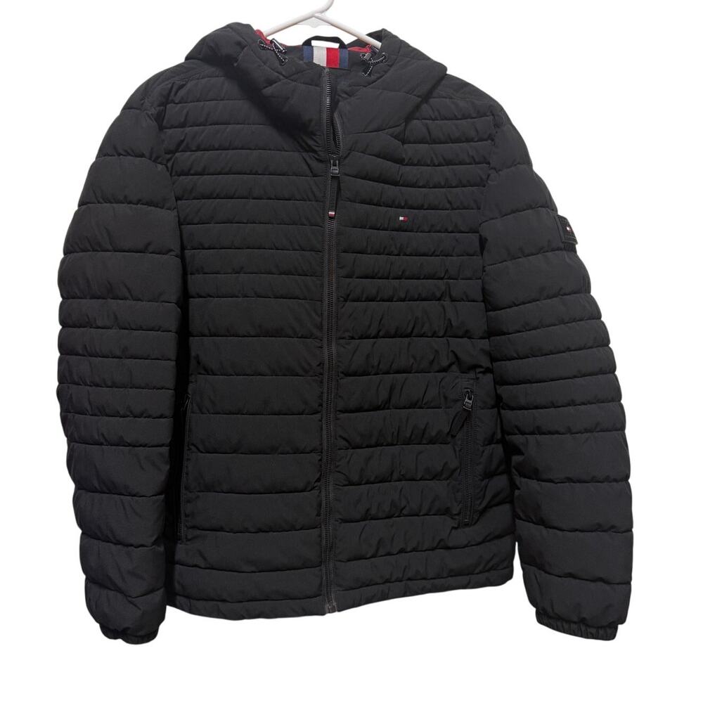 Tommy Hilfiger Jacket Mens Large Black TH Flex Hooded Puffer Stretch Insulated